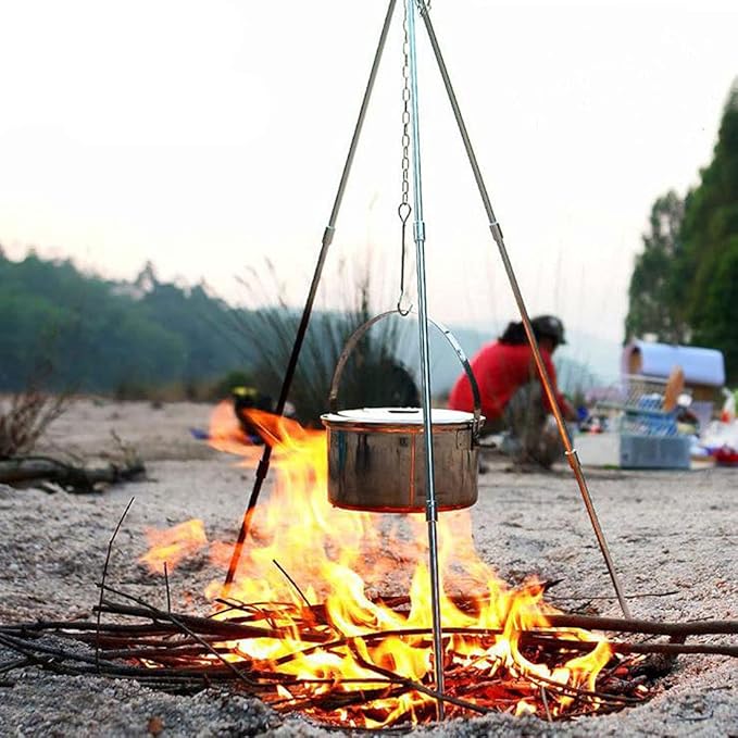 Photo 1 of Mini Camping Tripod Campfire Cooking Dutch Oven Tripod Adjustable Tripod Cooker Campfire Grill Stand Tripod Set Cooking Lantern Hanging Pot Holder with Storage Bag Black