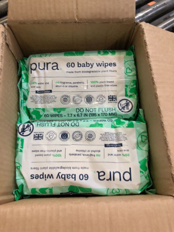 Photo 2 of Pura Baby Wipes 10x60 Wipes (600 Wipes), Monthly Pack,100% Plastic-Free & Plant Based Wipes, 99% Water, Suitable for Sensitive & Eczema-prone Skin, Fragrance Free & Hypoallergenic, EWG, Cruelty Free