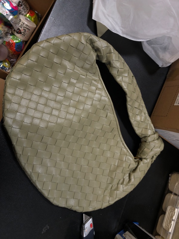 Photo 1 of XINGFENGSU Knotted Woven Leather Handbags Tote with Detachable Bow For Women, Trendy Hobo Dumpling Purse Bag 2024.?Green?