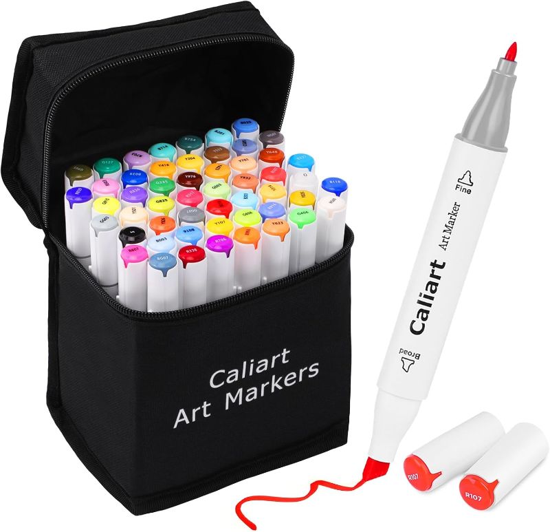 Photo 1 of Caliart 52 Colors Fine & Chisel Alcohol Markers for Adult Coloring Book, Dual Tip Artist Sketch Art Markers, Aesthetic Cute Preppy Stuff School Supplies, Pens for Lettering Drawing Cards Planner
