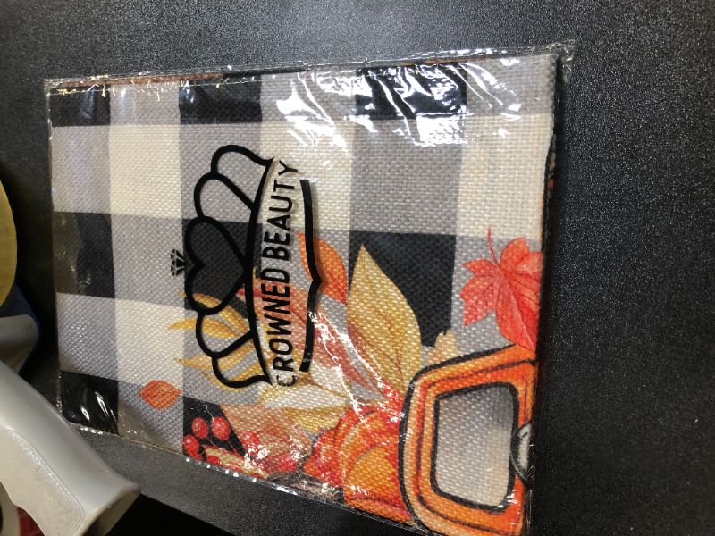 Photo 2 of CROWNED BEAUTY Fall Garden Flag Pumpkins Truck 12x18 Inch Double Sided for Outside Small Burlap Autumn Welcome Holiday Buffalo Plaid Yard Decoration