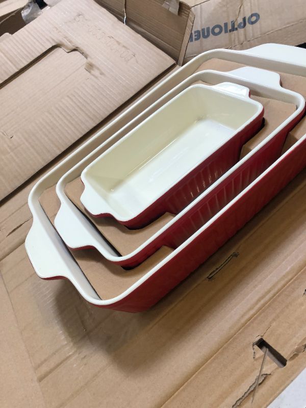 Photo 2 of DOWAN Casserole Dishes for Oven, Ceramic Baking Dishes for Oven Set of 3, Lasagna Pan Deep, Baking Pan Set Rectangular Casserole Dish Set with Handles for Baking, Wedding Gift, Red (15.6''/12.2''/8.9'')