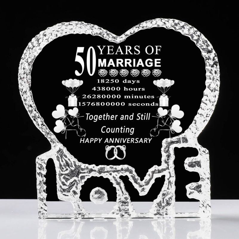 Photo 1 of 50 Years 50th Wedding Anniversary Crystal Gifts Laser Crystal Heart Marriage Keepsake Decoration for Couple Friends Women Man Mom Dad Parents Him Her Husband Wife
