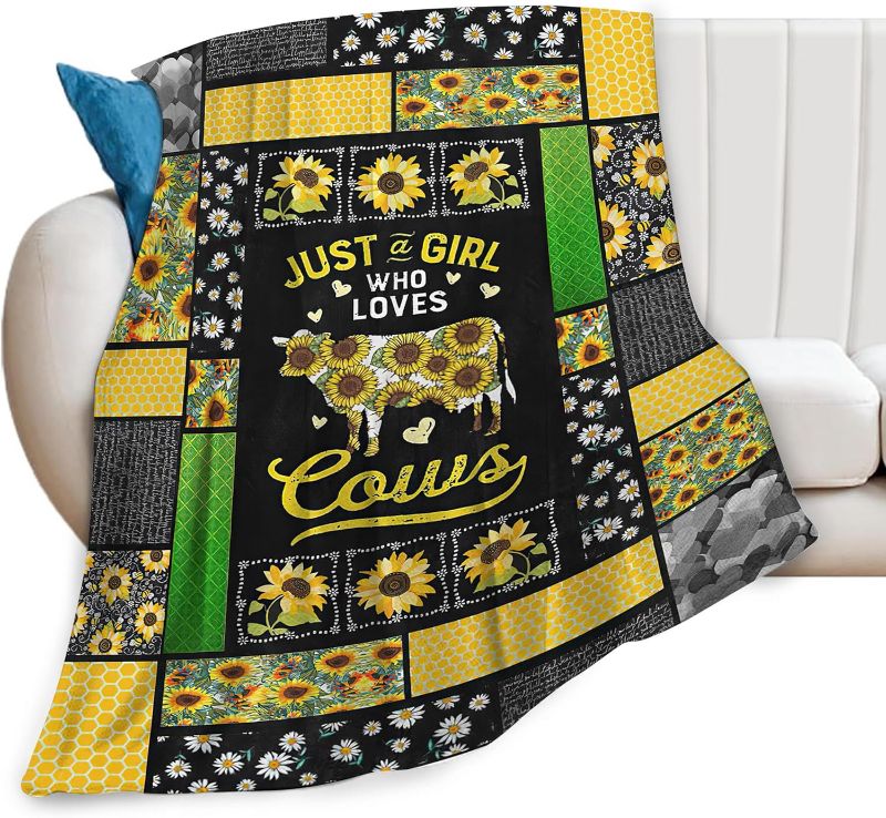 Photo 1 of Just A Girl Who Loves Cows Blanket Cute Cow Sunflower Decor Throw Blanket Gifts for Girls Boys Cow Lover Super Warm Soft Plush Lightweight Fleece Flannel Bedding Blanket for Kids Adults Women 50"X40"
