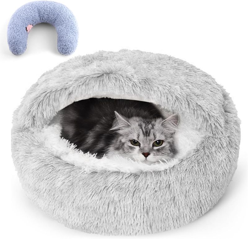 Photo 1 of Cat Cave Bed, Fluffy Calming Pet Bed with Cat Calming Pillow for Cats and Small Dogs, Round Hooded Bed for Indoor Cats and Small Dogs, Pet Sleeping Set 26x26 Inch (Grey)
