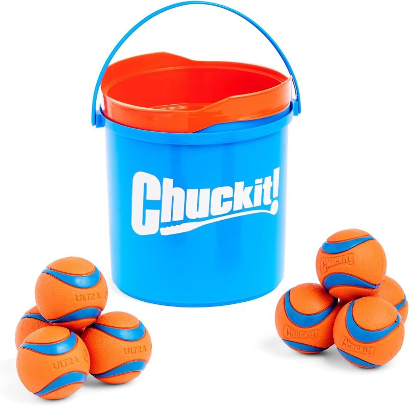 Photo 1 of Chuckit! Ultra Ball Dog Toy with Chuckit! Cleaning Bucket Bundle - Bouncy Fetch Pet Toys For Dogs 20-60 lbs - Floats in Water - Durable Rubber - Size Medium - 2.5-inch Diameter - 8-Pack of Balls