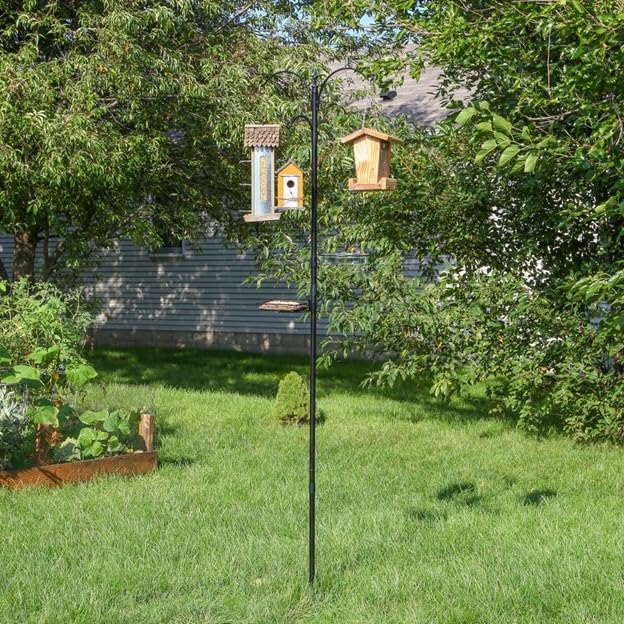 Photo 3 of 2 - BRAND NEW - HOME-X PREMIUM 3-ARM BIRD FEEDING STATION WITH SEED TRAY AND WATER DISH, MULTI BIRD FEEDER POLE KIT WITH BIRD BATH AND MESH TRAY, 91" L X 22" W, BLACK