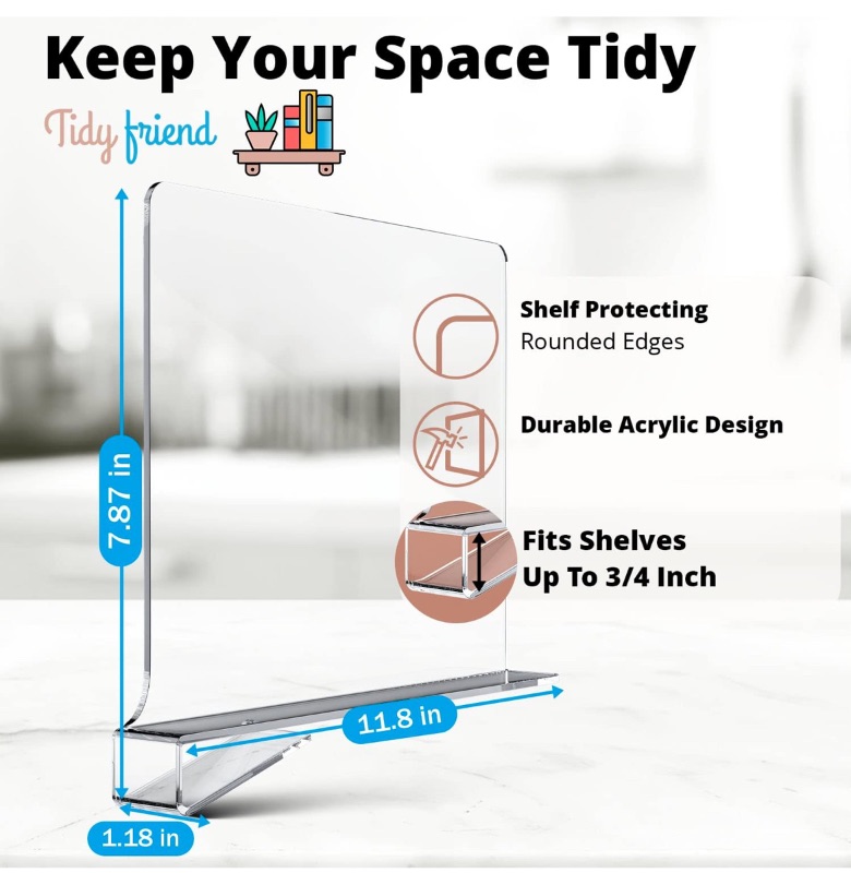 Photo 1 of CASE OF 14 TIDY FRIEND CLEAR ACRYLIC SHELF DIVIDERS FOR CLOSETS, PANTRIES, BOOK SHELVES - SPACE SAVING SHELF ORGANIZERS PACK OF 4