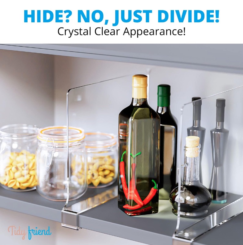 Photo 1 of CASE OF 14 TIDY FRIEND CLEAR ACRYLIC SHELF DIVIDERS FOR CLOSETS, PANTRIES, BOOK SHELVES - SPACE SAVING SHELF ORGANIZERS PACK OF 4