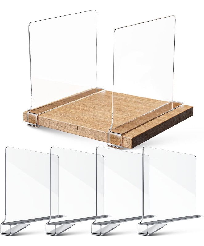 Photo 1 of CASE OF 14 TIDY FRIEND CLEAR ACRYLIC SHELF DIVIDERS FOR CLOSETS, PANTRIES, BOOK SHELVES - SPACE SAVING SHELF ORGANIZERS PACK OF 4