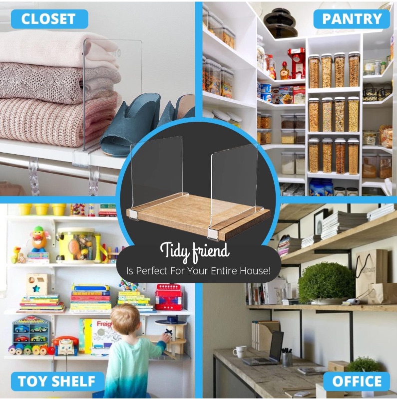 Photo 1 of CASE OF 14 TIDY FRIEND CLEAR ACRYLIC SHELF DIVIDERS FOR CLOSETS, PANTRIES, BOOK SHELVES - SPACE SAVING SHELF ORGANIZERS PACK OF 4