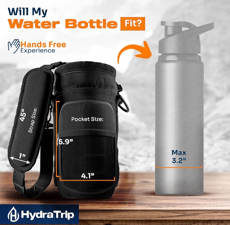 Photo 1 of CASE OF 25 HYDRATRIP 25 OZ 600D WATER BOTTLE HOLDER WITH STRAP CARRY AND PROTECT YOUR BOTTLE IN STYLE ADJUSTABLE STRAPS WITH 2 BIG POCKETS INSULATED CARRIER SLING POUCH FOR WALKING & HIKING (BLACK)
