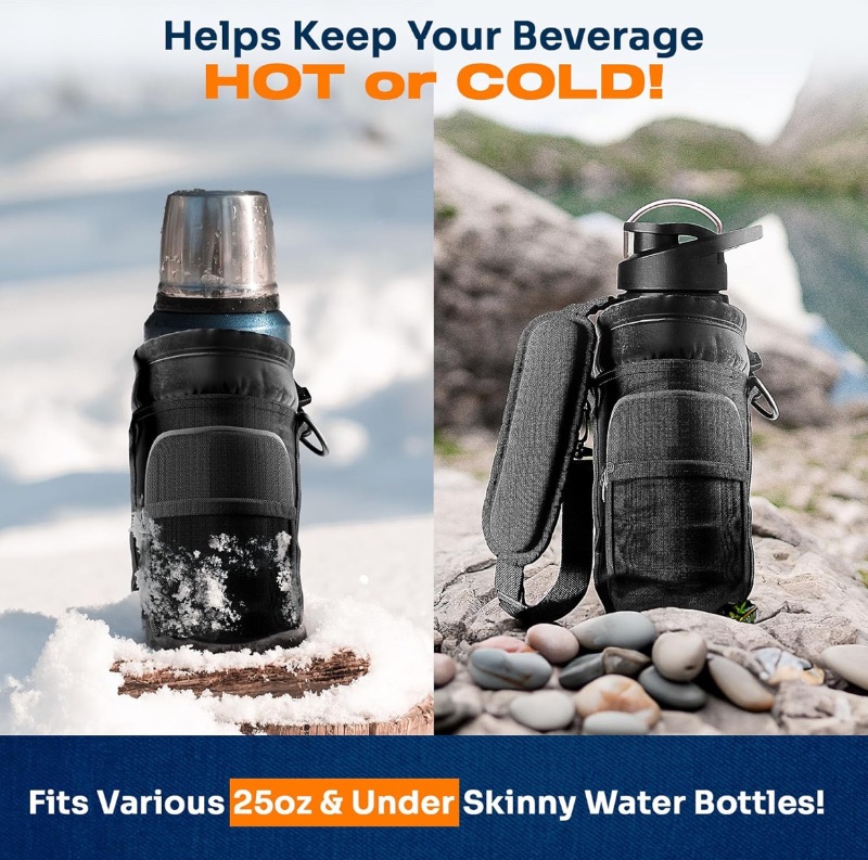 Photo 1 of CASE OF 25 HYDRATRIP 25 OZ 600D WATER BOTTLE HOLDER WITH STRAP CARRY AND PROTECT YOUR BOTTLE IN STYLE ADJUSTABLE STRAPS WITH 2 BIG POCKETS INSULATED CARRIER SLING POUCH FOR WALKING & HIKING (BLACK)