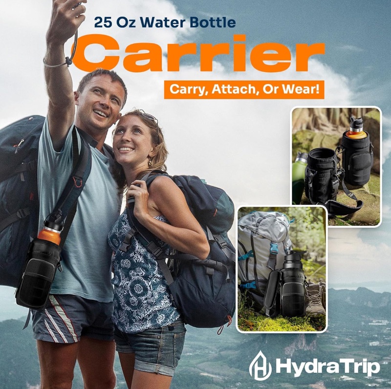 Photo 1 of CASE OF 25 HYDRATRIP 25 OZ 600D WATER BOTTLE HOLDER WITH STRAP CARRY AND PROTECT YOUR BOTTLE IN STYLE ADJUSTABLE STRAPS WITH 2 BIG POCKETS INSULATED CARRIER SLING POUCH FOR WALKING & HIKING (BLACK)