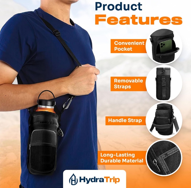 Photo 1 of CASE OF 25 HYDRATRIP 25 OZ 600D WATER BOTTLE HOLDER WITH STRAP CARRY AND PROTECT YOUR BOTTLE IN STYLE ADJUSTABLE STRAPS WITH 2 BIG POCKETS INSULATED CARRIER SLING POUCH FOR WALKING & HIKING (BLACK)