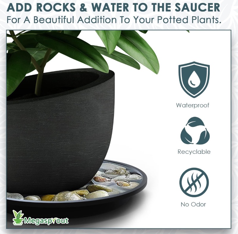 Photo 1 of CASE OF 20 MEGASPROUT 6 PACK PLANT SAUCER TRAYS 9”, STRUDY PLASTIC PLANT TRAYS FOR POTS AND PLANTERS PROTECT AND ENHANCE SURFACES WITH BLACK ROUND FLOWER POT SAUCERS