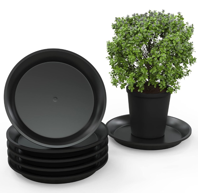 Photo 1 of CASE OF 20 MEGASPROUT 6 PACK PLANT SAUCER TRAYS 9”, STRUDY PLASTIC PLANT TRAYS FOR POTS AND PLANTERS PROTECT AND ENHANCE SURFACES WITH BLACK ROUND FLOWER POT SAUCERS