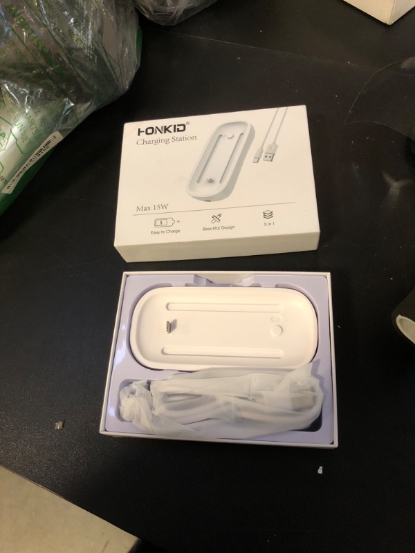 View 2 of HONKID Wireless Charging Station for Magic Mouse 2, QI Mobile Phone and AirPods, Double-Sided Charging, 3 in 1 Wireless Charging Dock, USB-A to USB-C Cable Long 5ft,White
