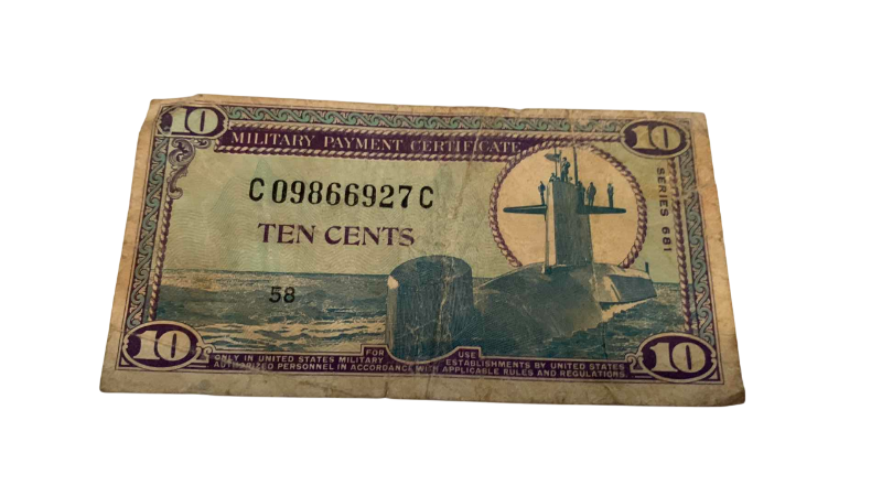 Photo 1 of VINTAGE 1969 TEN CENTS UNITED STATES MILITARY PAYMENT CERTIFICATE SERIES 681 SUBMARINE