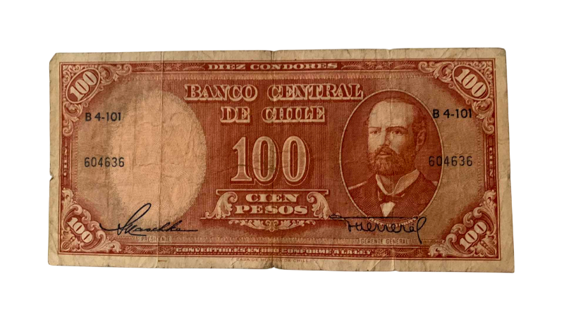 Photo 1 of VINTAGE 1947-1959 ONE HUNDRED PESOS CHILEAN BANKNOTE