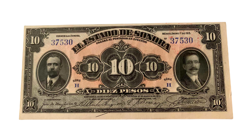 Photo 1 of ANTIQUE 1915 TEN PESO STATE OF SONORA MEXICAN BANKNOTE