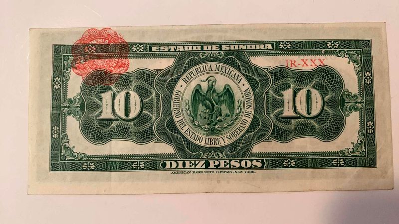 Photo 1 of ANTIQUE 1915 TEN PESO STATE OF SONORA MEXICAN BANKNOTE