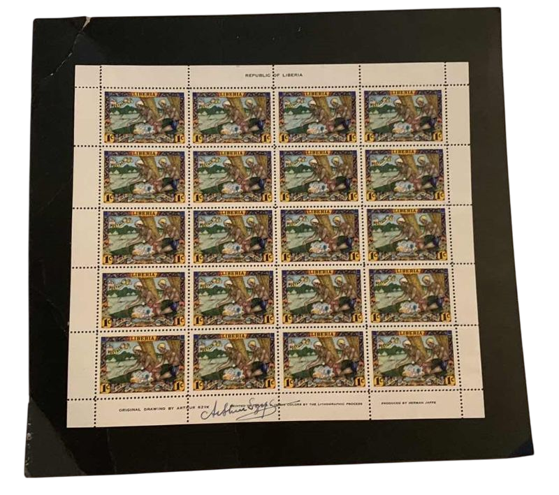 Photo 1 of VINTAGE 1949 ONE CENT LIBERIA COMPLETE SHEET SIGNED BY ARTIST ARTHUR SZYK