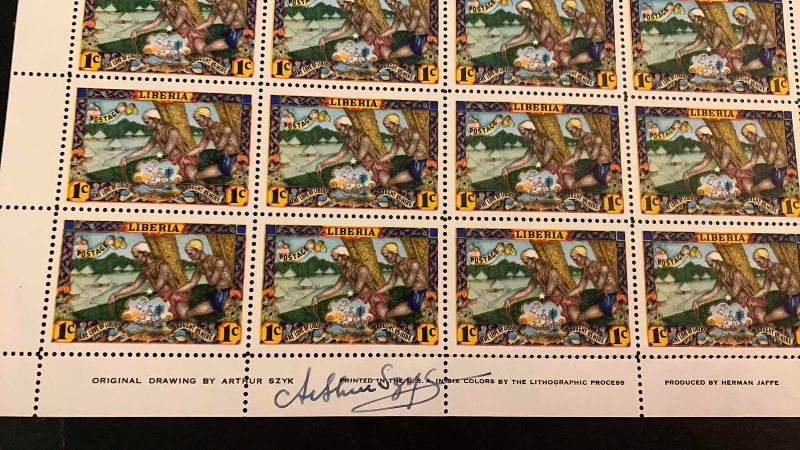 Photo 1 of VINTAGE 1949 ONE CENT LIBERIA COMPLETE SHEET SIGNED BY ARTIST ARTHUR SZYK