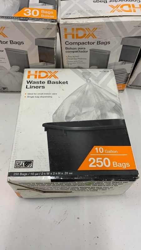 Photo 1 of 4-HDX COMPACTOR BAGS 30 COUNT AND A 250 COUNT 10 GALLON WHITE BASKET LINERS