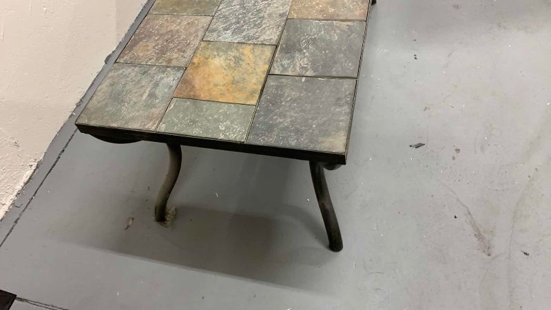 Photo 1 of SLATE SLAB STONE AND METAL PATIO COFFEE TABLE 49” X 24” H 19”