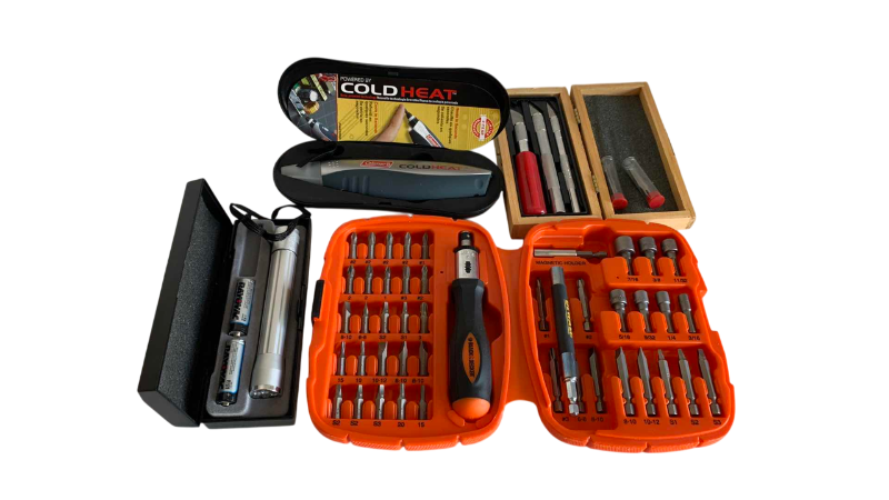 Photo 1 of BLACK AND DECKER DRIVER SET, XACTO KNIFE, COLD/HEAT TOOL AND A FLASHLIGHT