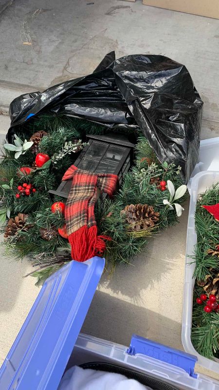 Photo 1 of 3-TUBS OF CHRISTMAS DECOR, WREATH AND WRAPPING PAPER HOLDER