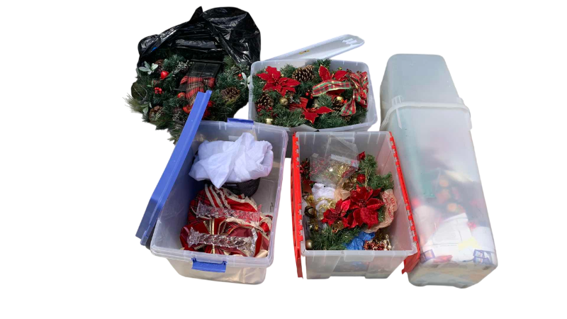 Photo 1 of 3-TUBS OF CHRISTMAS DECOR, WREATH AND WRAPPING PAPER HOLDER