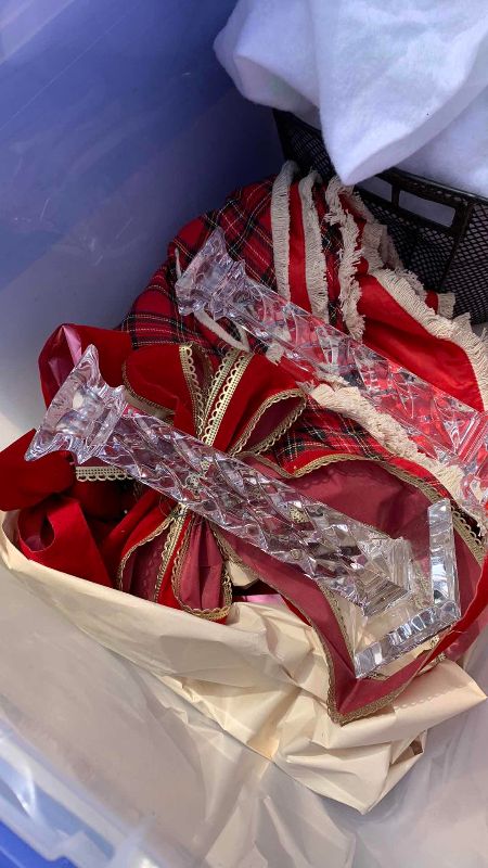 Photo 1 of 3-TUBS OF CHRISTMAS DECOR, WREATH AND WRAPPING PAPER HOLDER