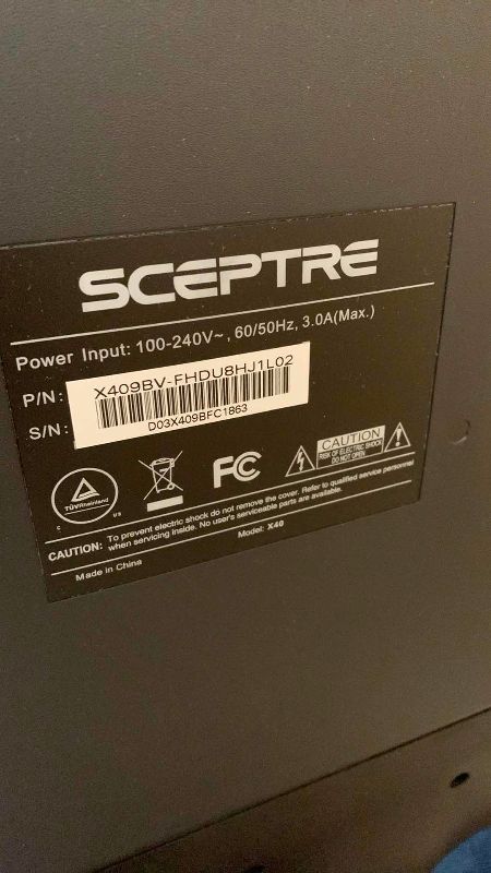 Photo 1 of SCEPTRE 40" TELEVISION MODEL X409BV-FDHU8HJ1L02 AND CABINET