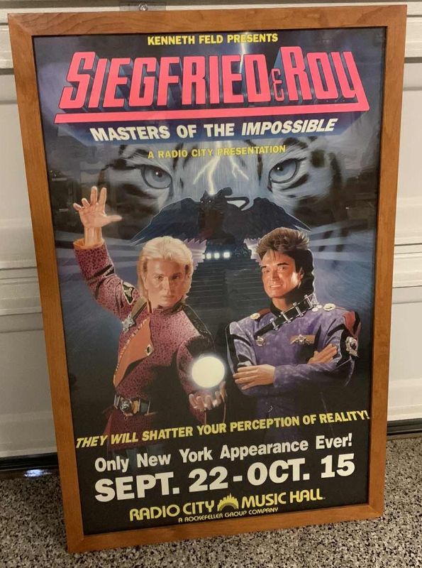 Photo 1 of VINTAGE SEIGFRIED & ROY RADIO CITY MUSIC HALL APPEARANCE FRAMED POSTER 26” X 41”