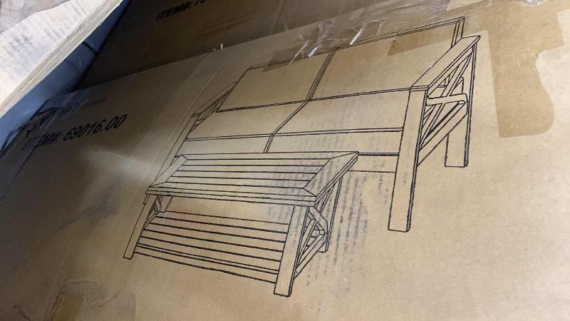 Photo 1 of BRUSH LIGHT GREY WASH LOVE SEAT AND TABLE WITH BEIGE CUSHIONS AND A SANDBLAST LIGHT TEAK FINISH MODEL 69016.00
