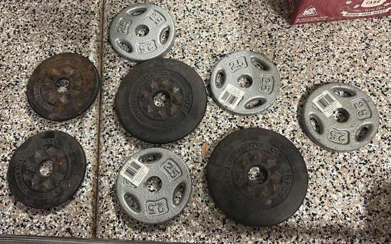 Photo 1 of WEIGHT LIFTING STRAIGHT BAR WITH ASSORTED WEIGHTS