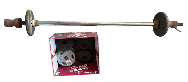 Photo 1 of WEIGHT LIFTING STRAIGHT BAR WITH ASSORTED WEIGHTS