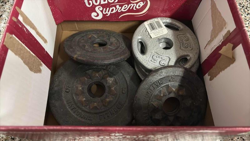 Photo 1 of WEIGHT LIFTING STRAIGHT BAR WITH ASSORTED WEIGHTS