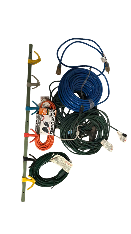 Photo 1 of ASSORTED SIZE ELECTRICAL EXTENSION CORDS AND RACK