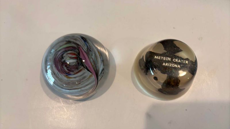 Photo 1 of 2-GLASS PAPER WEIGHTS METEOR CRATER ARIZONA METEORITE SAMPLES IN ONE