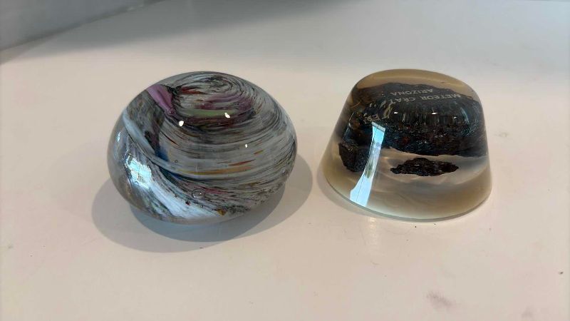 Photo 1 of 2-GLASS PAPER WEIGHTS METEOR CRATER ARIZONA METEORITE SAMPLES IN ONE