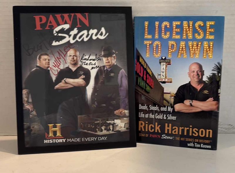 Photo 1 of AUTOGRAPHED PAWN STARS CAST HISTORY CHANNEL FRAMED PRINT 8” X 10” AND RICK HARRISON LICENSE TO PAWN BOOK