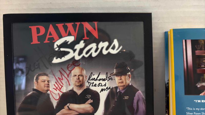 Photo 1 of AUTOGRAPHED PAWN STARS CAST HISTORY CHANNEL FRAMED PRINT 8” X 10” AND RICK HARRISON LICENSE TO PAWN BOOK