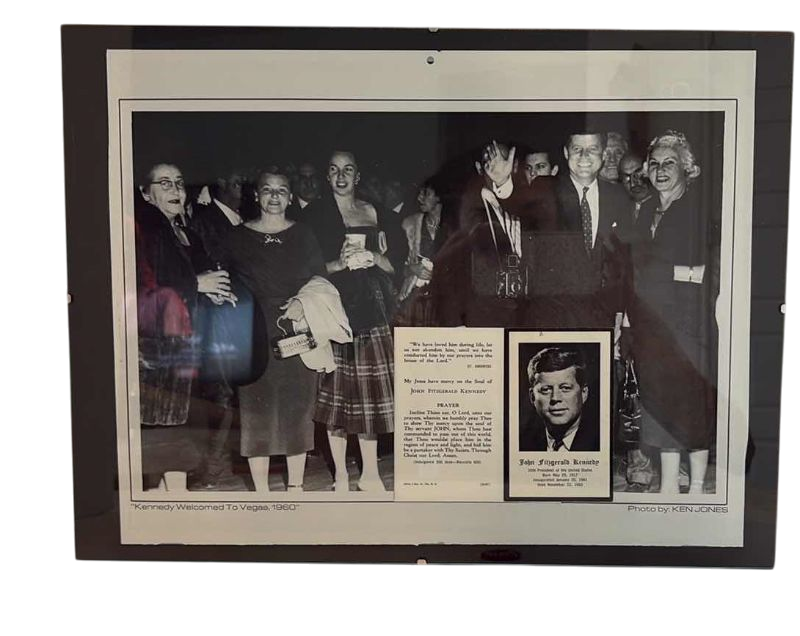 Photo 1 of 1960 JOHN F KENNEDY WELCOMED TO LAS VEGAS NEWS PAPER ARTICLE 16” X 12”  AND PIN