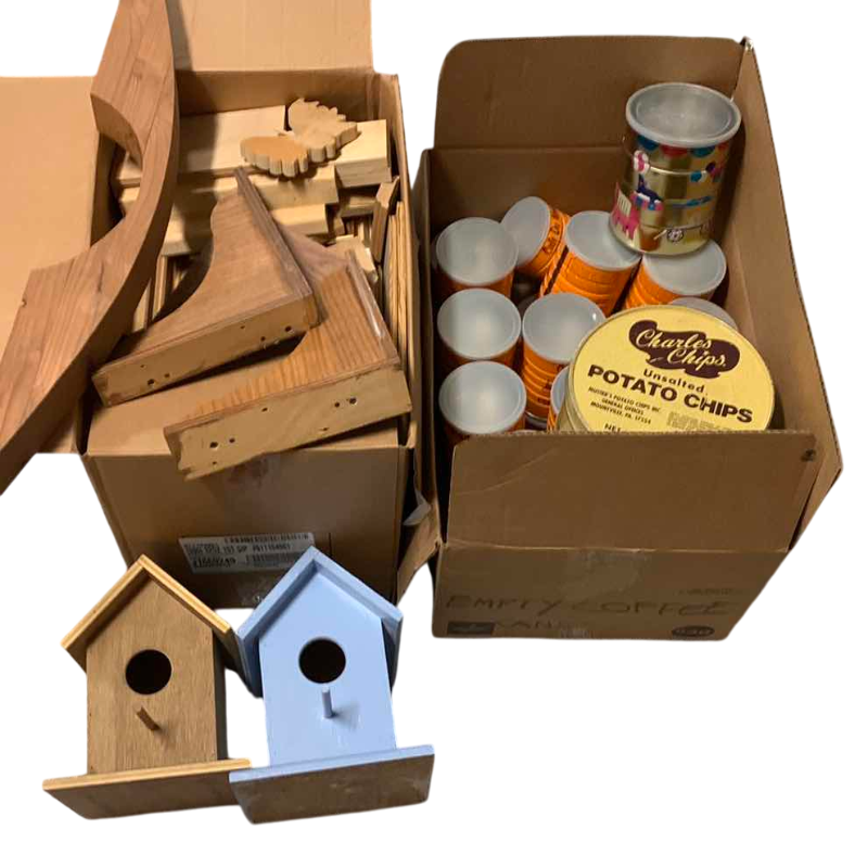 Photo 1 of 2-BIRD HOUSES, WOOD SUPPLIES AND COFFEE JARS FOR ART PROJECTS