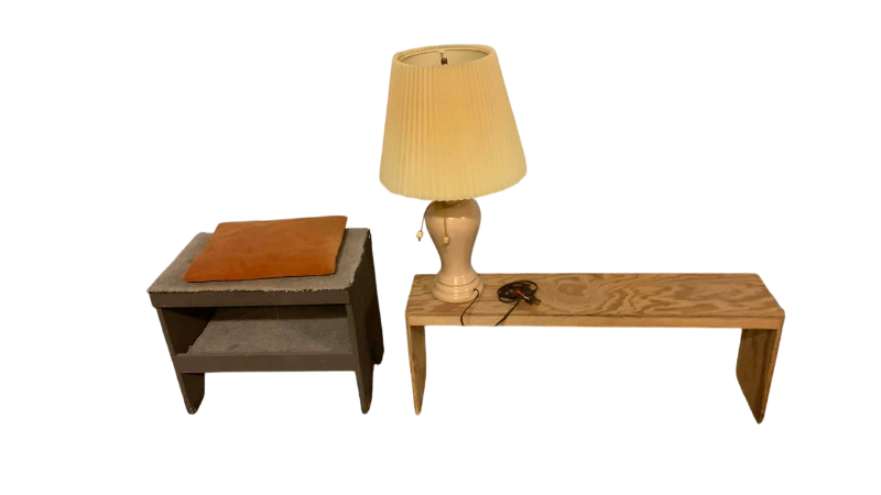 Photo 1 of LAMP,WOODEN BENCH AND A SHELF