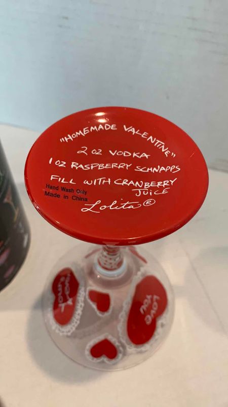 Photo 1 of LOLITA HAND PAINTED MARTINI GLASSES WITH INDIVIDUAL DRINK RECIPE HOMEMADE VALENTINE