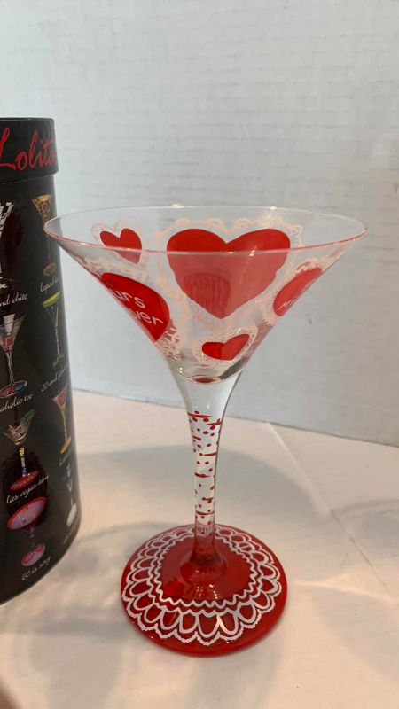 Photo 1 of LOLITA HAND PAINTED MARTINI GLASSES WITH INDIVIDUAL DRINK RECIPE HOMEMADE VALENTINE